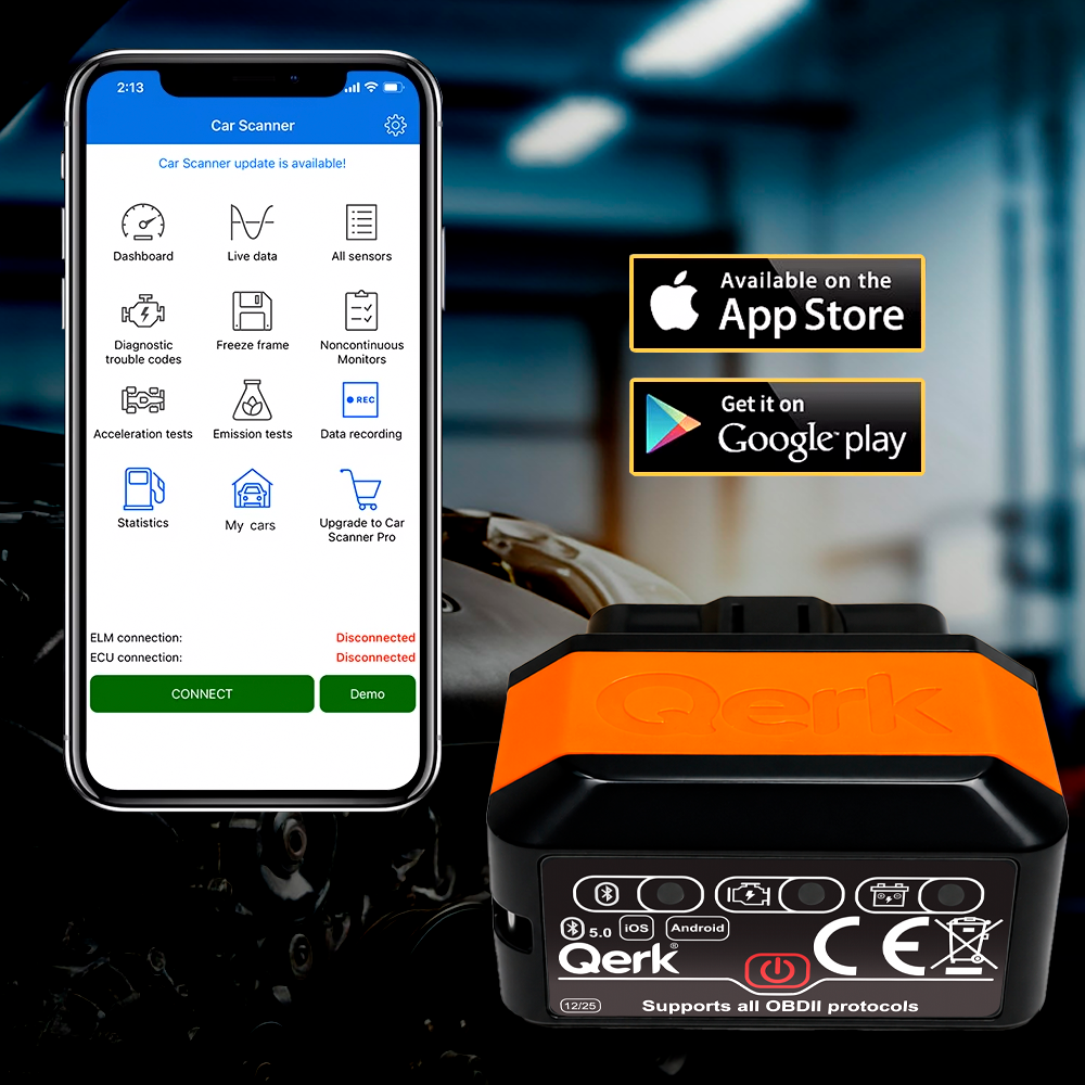 Obraz przedstawia smartfon z aplikacją Car Scanner oraz urządzenie diagnostyczne Qerk z widocznymi ikonami i napisami. Na ekranie telefonu widoczne są opcje takie jak Dashboard, Live data, All sensors, a urządzenie ma oznaczenia CE i wsparcie dla protokołów OBDII.