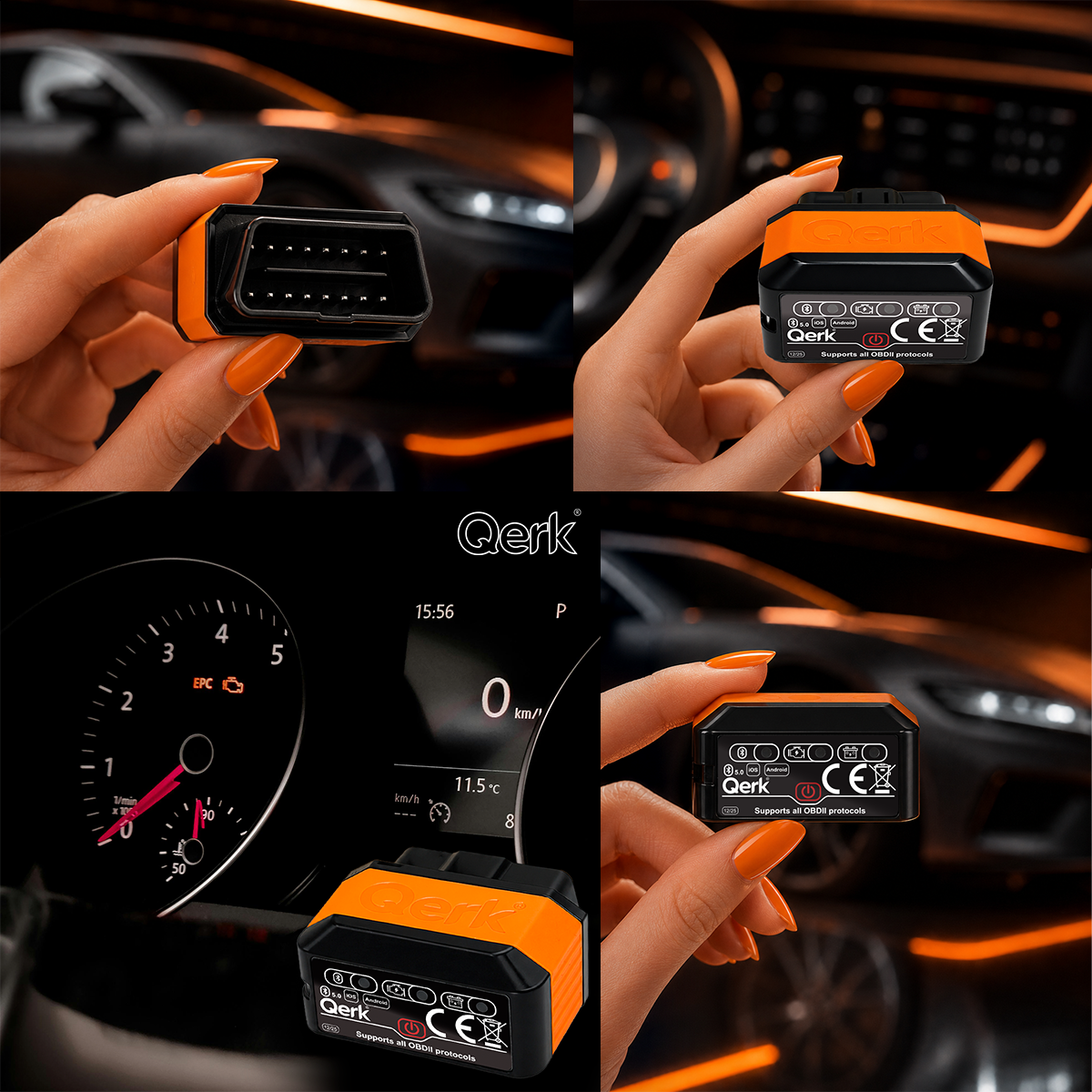 Na obrazie widoczny jest interfejs diagnostyczny OBD z logo \'Qerk\', trzymany w dłoni na tle wnętrza samochodu. Na urządzeniu znajdują się symbole i napisy, w tym \'Supports all OBDII protocols\'.