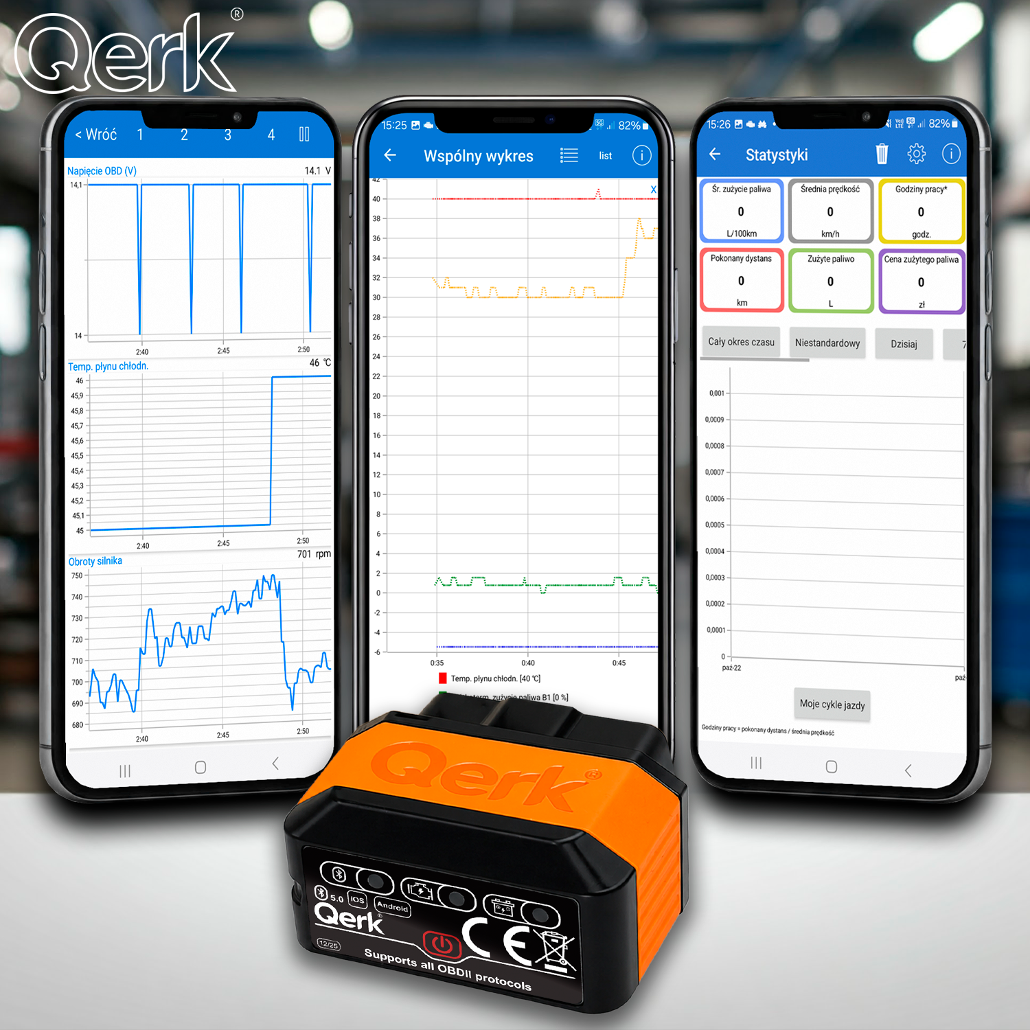 Na obrazie widoczne są trzy smartfony z aplikacją diagnostyczną oraz urządzenie OBD z logo Qerk. Ekrany smartfonów pokazują wykresy i statystyki związane z diagnostyką pojazdu.