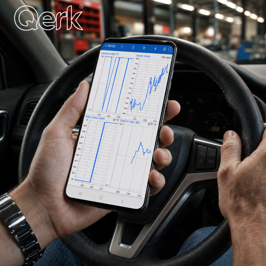 Osoba trzyma smartfon z aplikacją diagnostyczną, na ekranie widoczne są wykresy i dane dotyczące pojazdu. W tle widać wnętrze samochodu oraz logo \'Qerk\'.