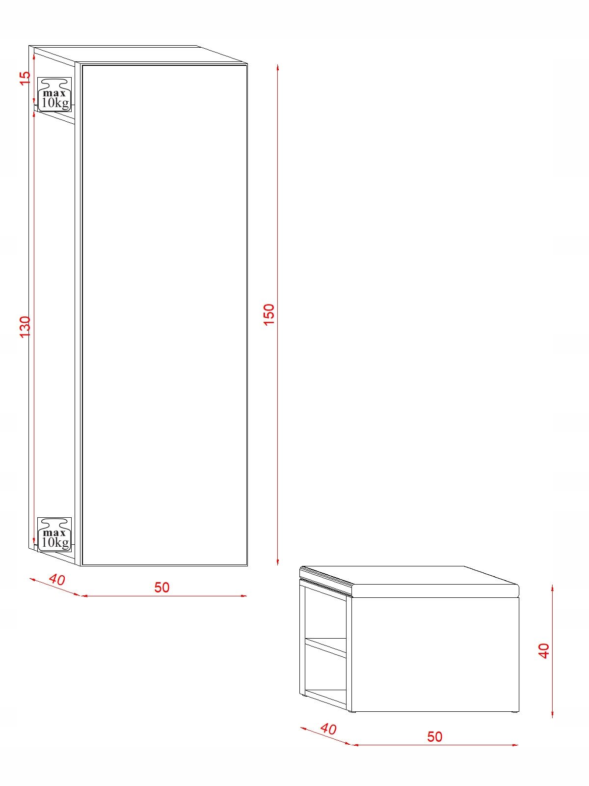 Schemat przedstawia wymiary dwóch elementów: wysokiej szafki o wymiarach 150x50x40 cm oraz niskiego siedziska o wymiarach 40x50x40 cm. Na szafce widoczny jest napis \'max 10 kg\'.