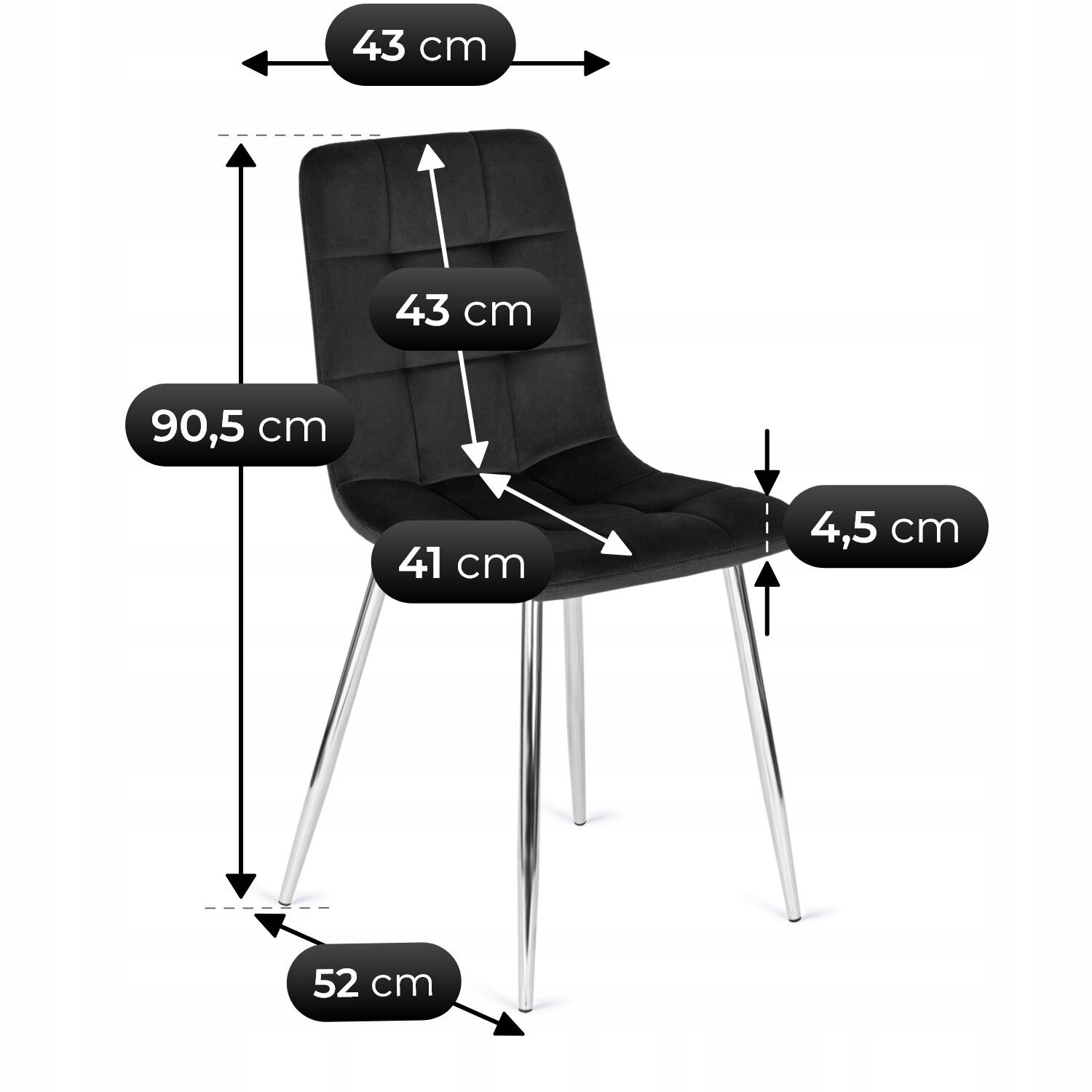 Czarne, pikowane krzesło tapicerowane z weluru z metalowymi nogami. Wymiary: wysokość 90,5 cm, szerokość siedziska 43 cm, głębokość siedziska 41 cm, wysokość oparcia 43 cm, grubość siedziska 4,5 cm, rozstaw nóg 52 cm.