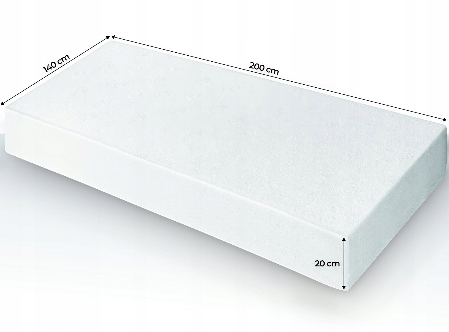 Obraz przedstawia biały materac o wymiarach 140 cm x 200 cm x 20 cm. Na powierzchni materaca widoczne są delikatne wzory.