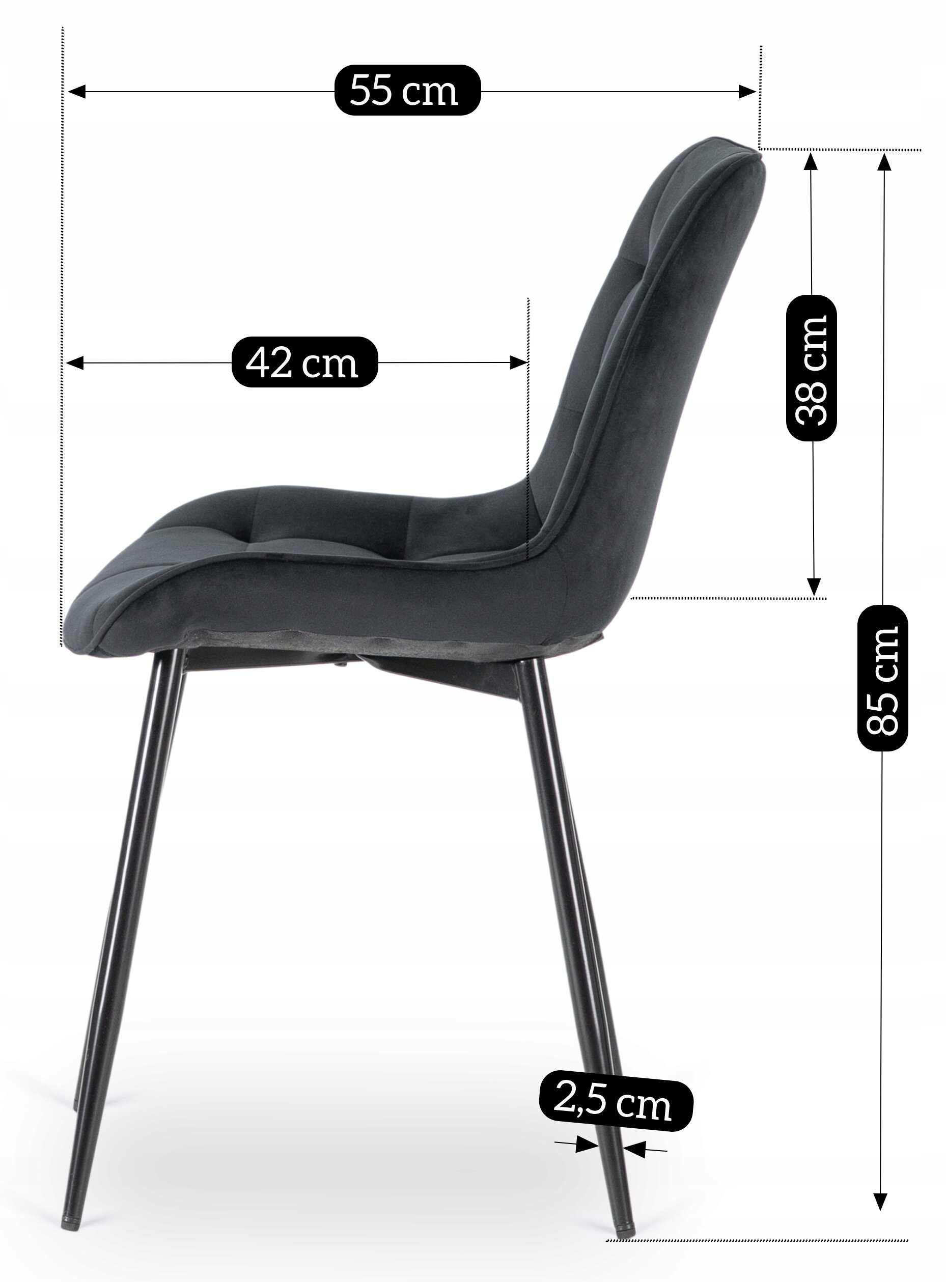 Obraz przedstawia czarne krzesło z metalowymi nogami, z wymiarami: 55 cm głębokości, 42 cm szerokości, 38 cm wysokości siedziska, 85 cm całkowitej wysokości oraz 2,5 cm średnicy nóg.