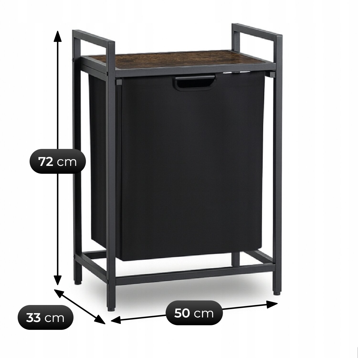 Czarny kosz na pranie z półką w stylu loft, o wymiarach 72 cm wysokości, 50 cm szerokości i 33 cm głębokości. Konstrukcja metalowa z drewnianym blatem na górze.