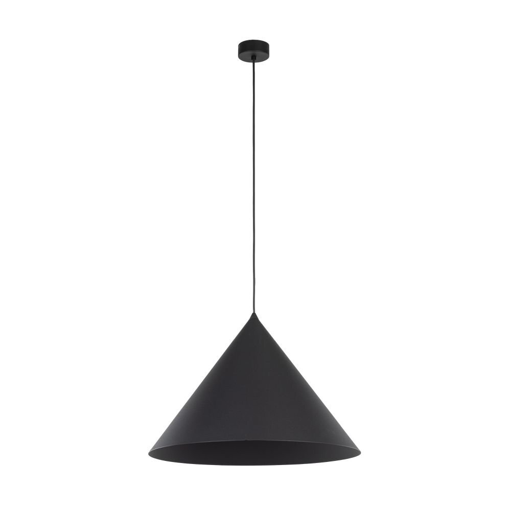 Czarna, stożkowa lampa wisząca z regulowanym przewodem. Lampa ma prosty, nowoczesny design.