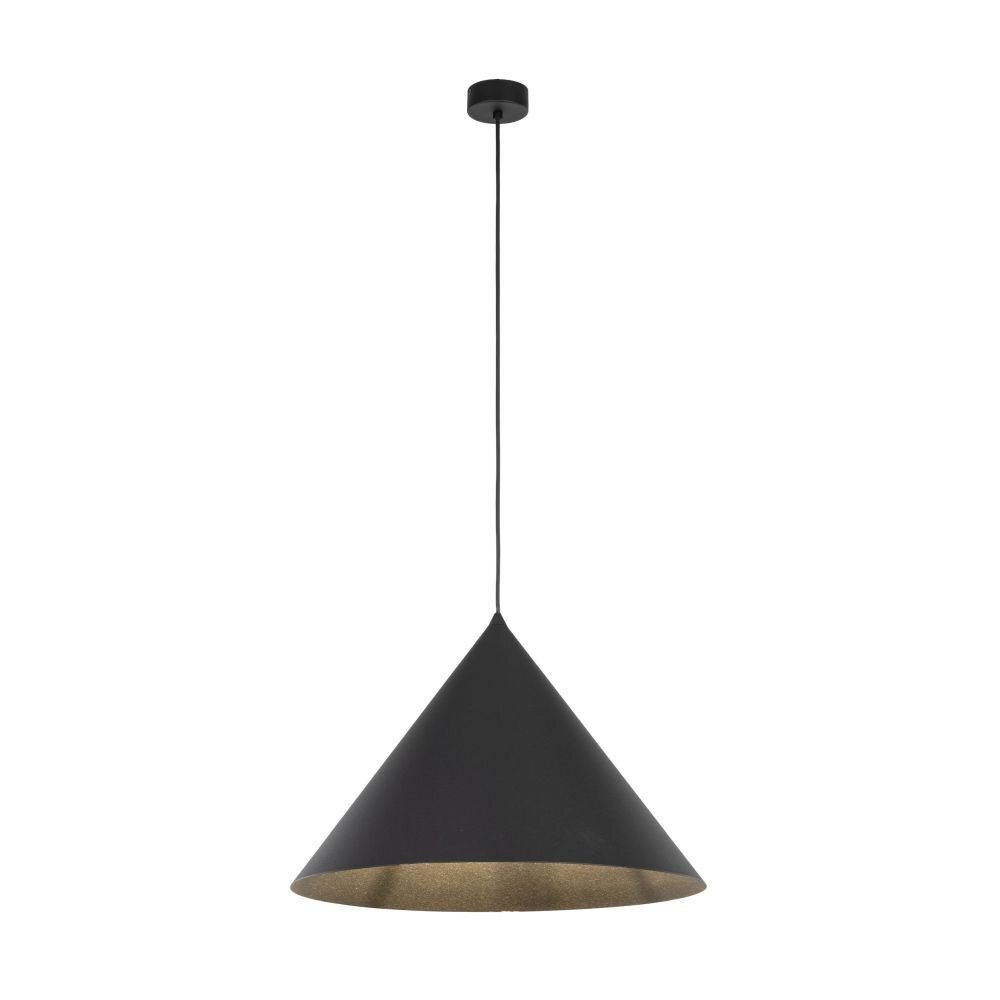 Czarna, stożkowa lampa wisząca z regulowanym przewodem. Wnętrze klosza ma złoty odcień.