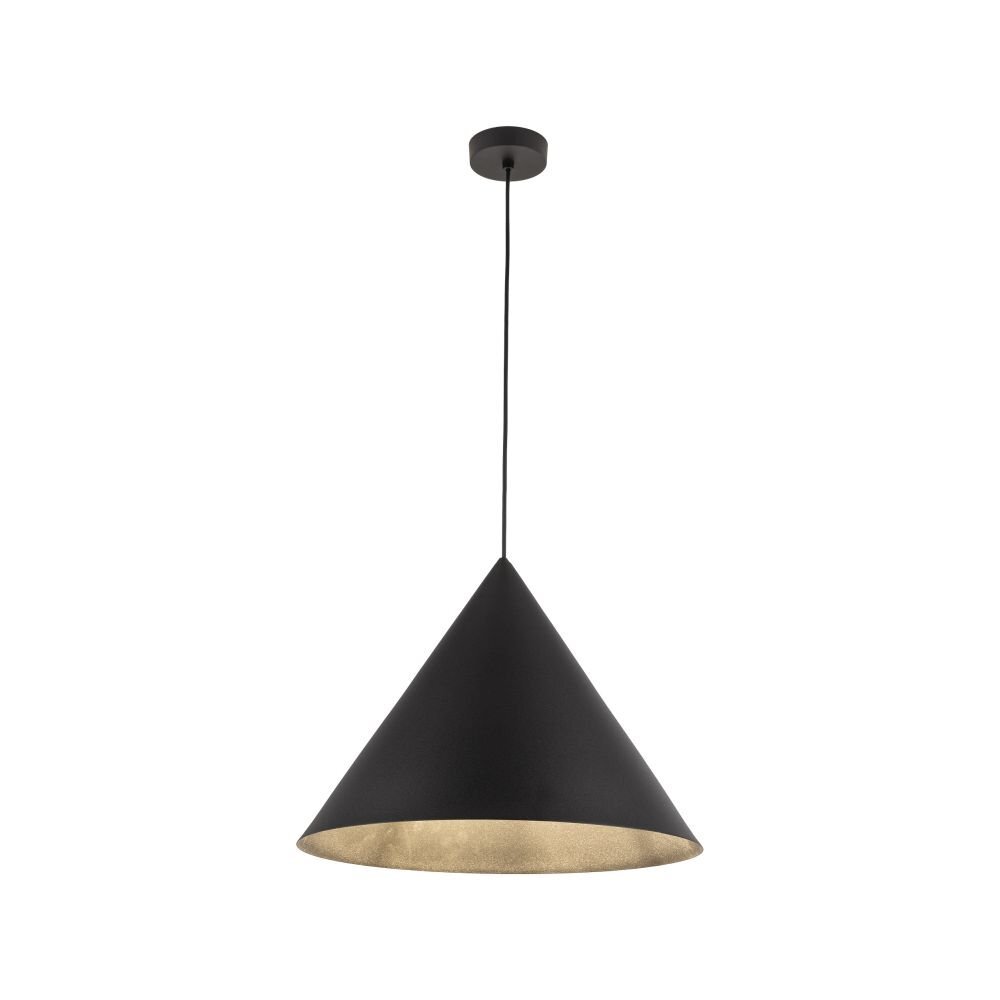 Czarna, stożkowa lampa wisząca z regulowanym przewodem. Wnętrze klosza jest jasne, co kontrastuje z ciemnym zewnętrzem.