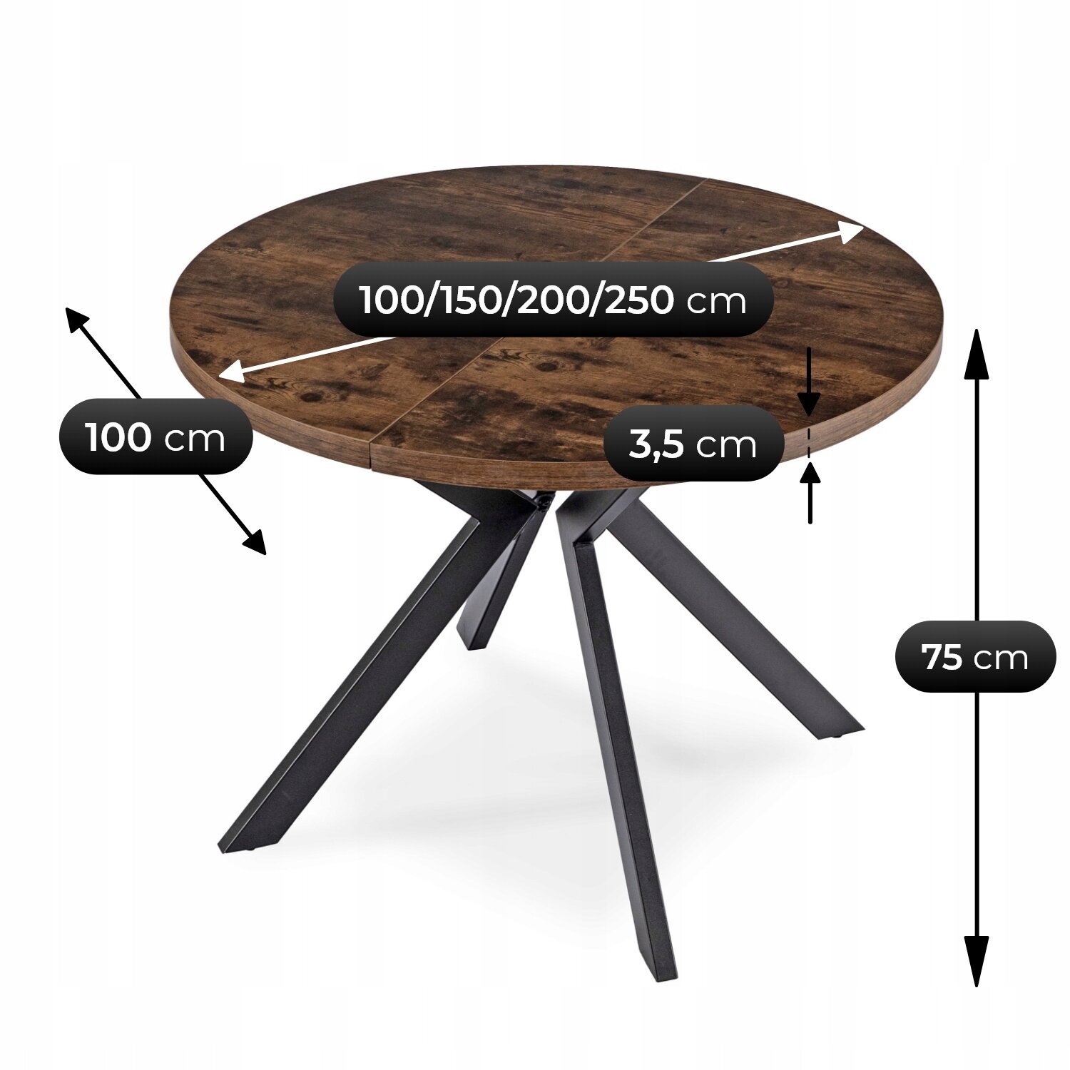 Okrągły stół z ciemnego drewna z metalowymi nogami, z wymiarami: średnica 100 cm, wysokość 75 cm, grubość blatu 3,5 cm, oraz możliwość rozłożenia do 100/150/200/250 cm.