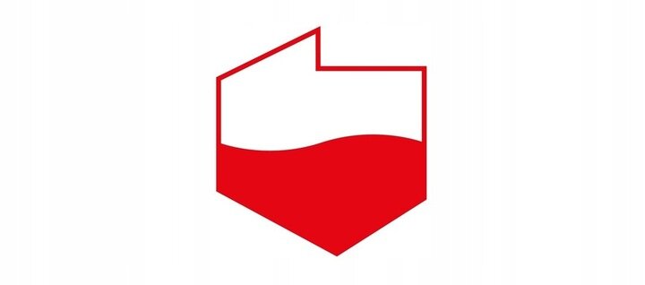Logo w kształcie tarczy z czerwonym dołem i białą górą, przypominające flagę Polski.