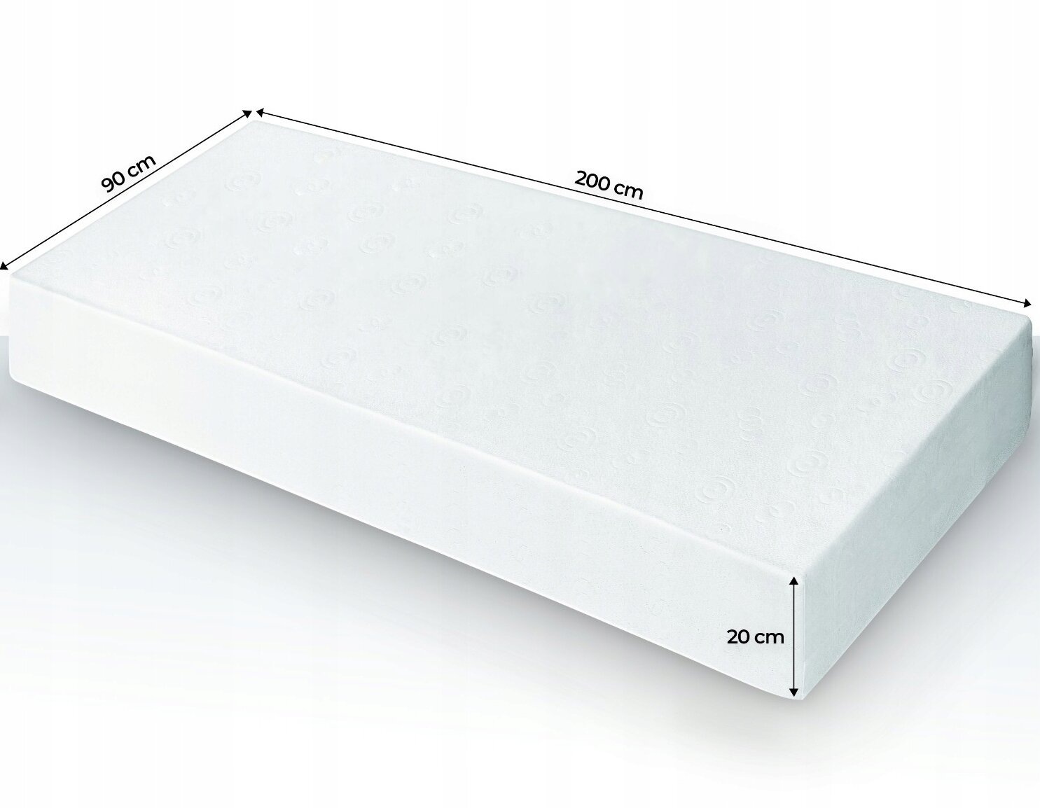 Obraz przedstawia biały materac o wymiarach 90 cm x 200 cm x 20 cm. Materac ma delikatny wzór na powierzchni.
