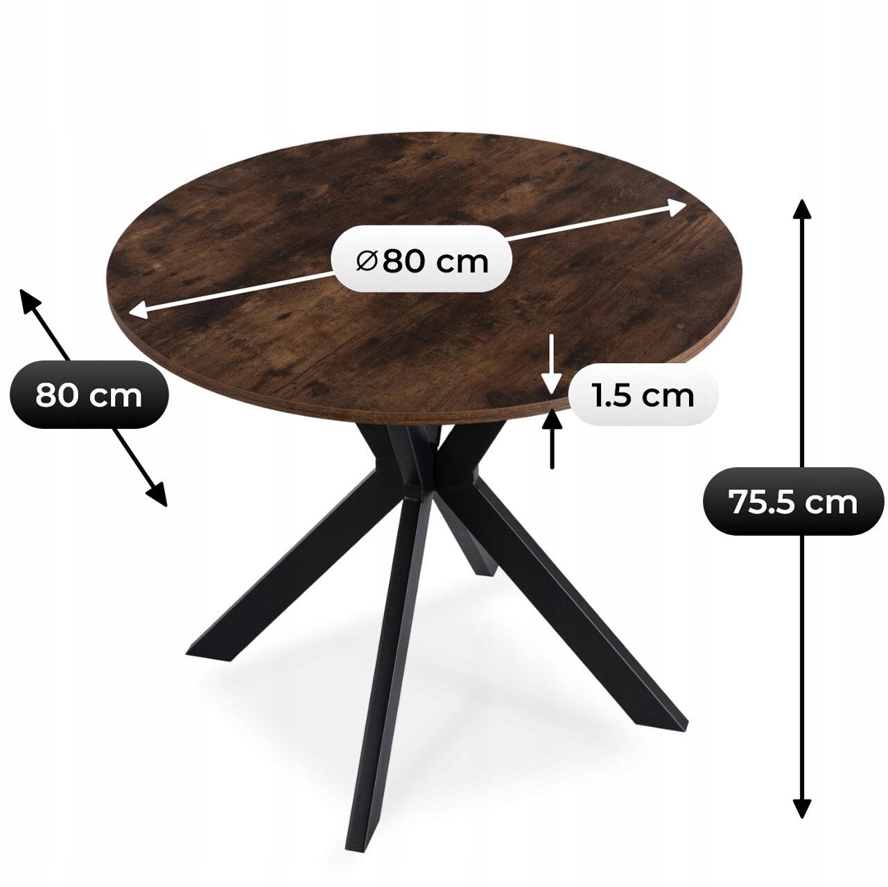 Okrągły stół o średnicy 80 cm i wysokości 75,5 cm z blatem o grubości 1,5 cm, wykonany z ciemnego drewna na czarnych, metalowych nogach. Na obrazie widoczne są wymiary stołu: 80 cm, 1.5 cm, 75.5 cm.