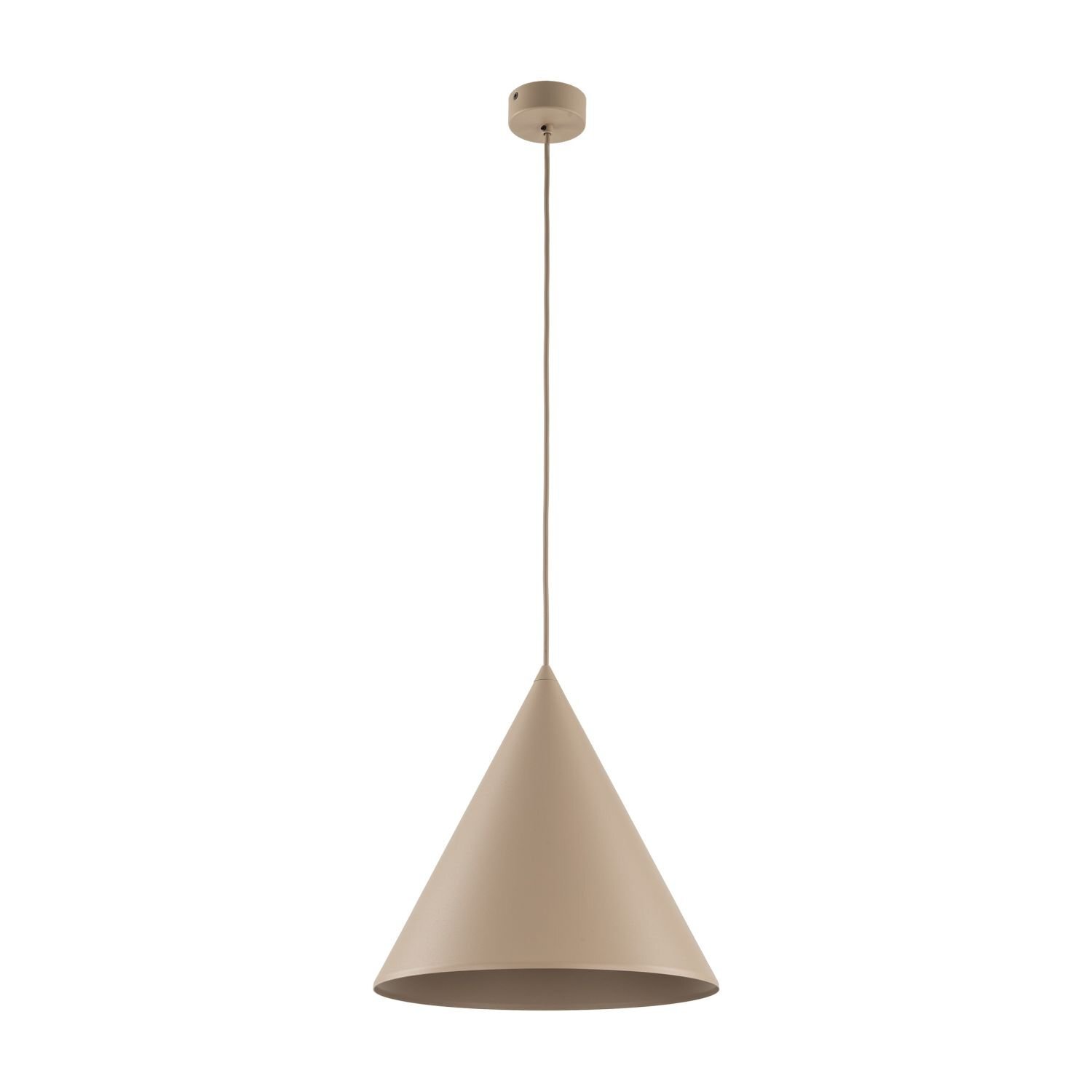 Beżowa lampa wisząca o stożkowym kształcie, zawieszona na cienkim przewodzie z okrągłą podsufitką.