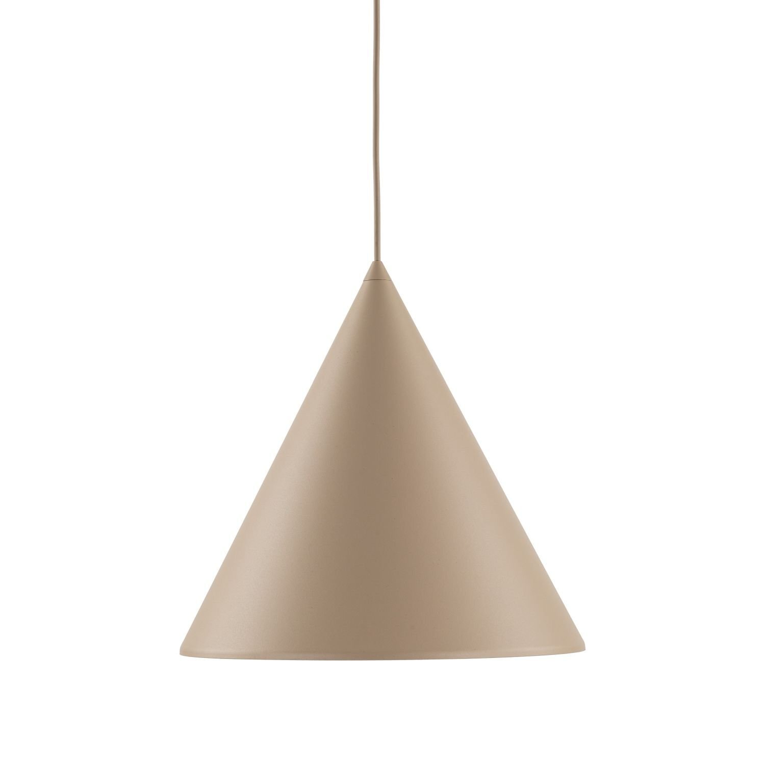 Beżowa lampa wisząca w kształcie stożka z regulowanym przewodem. Lampa ma gładką powierzchnię i prosty design.