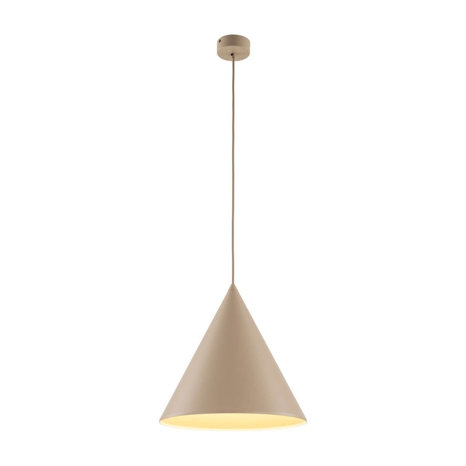 Beżowa lampa wisząca o stożkowym kształcie z regulowanym przewodem. Światło emituje z dolnej części klosza.