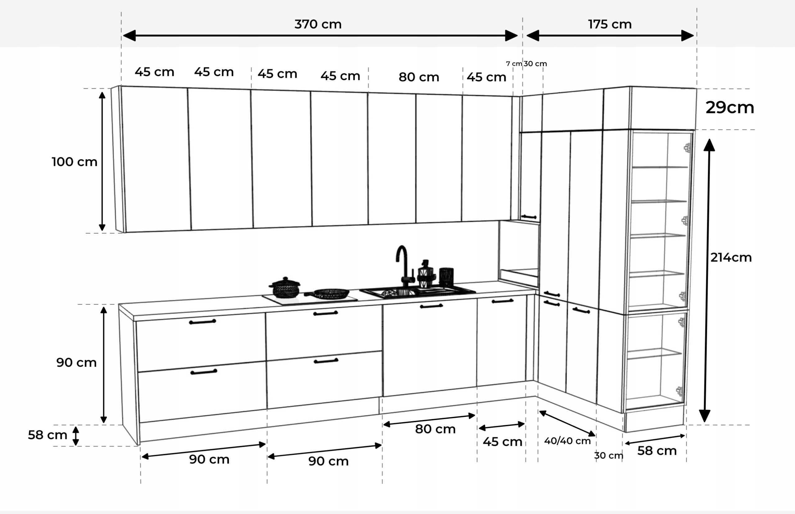 Schemat zestawu mebli kuchennych z wymiarami, obejmujący szafki wiszące i stojące. Wymiary poszczególnych elementów to m.in. 370 cm szerokości, 175 cm długości, 214 cm wysokości oraz różne szerokości szafek od 45 cm do 90 cm.