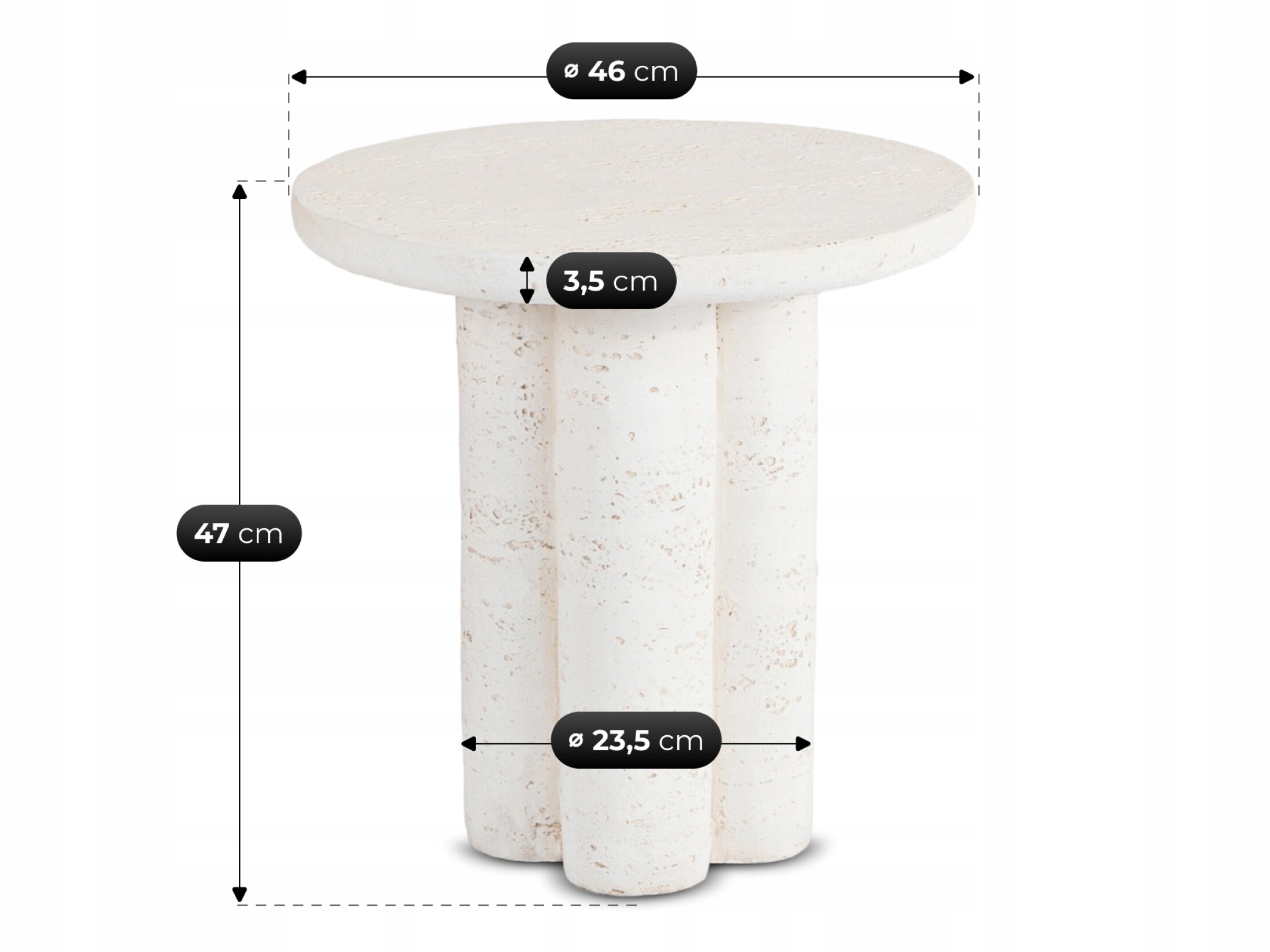 Okrągły stolik kawowy w kolorze kremowym z trzema cylindrycznymi nogami. Wymiary: wysokość 47 cm, średnica blatu 46 cm, grubość blatu 3,5 cm, średnica nóg 23,5 cm.