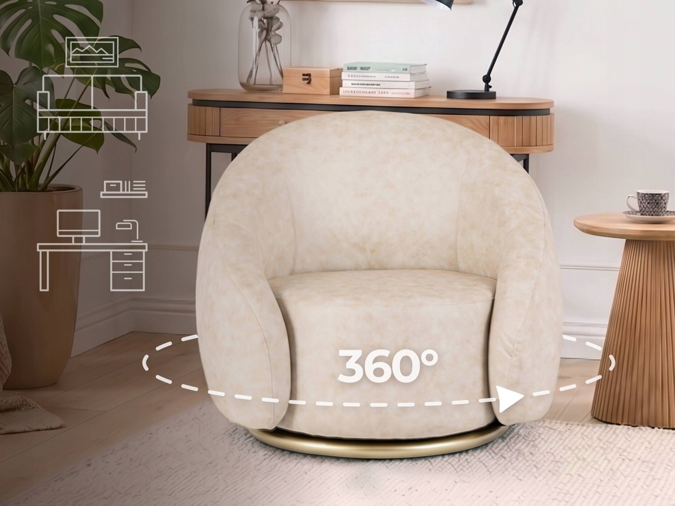 Beżowy fotel obrotowy z ekoskóry znajduje się w eleganckim wnętrzu z drewnianym biurkiem i rośliną w tle. Na fotelu widoczny jest napis \'360°\'.