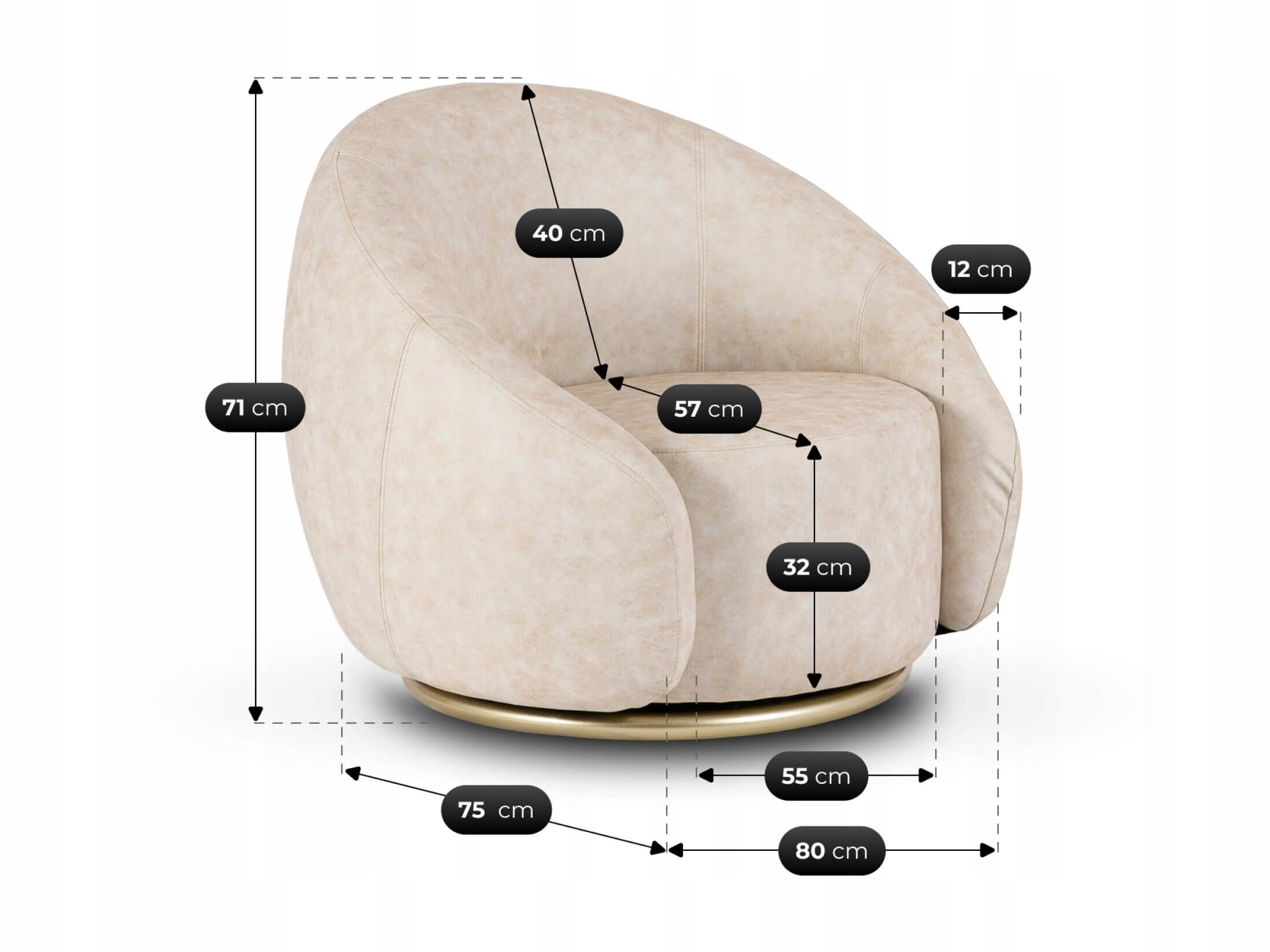 Beżowy fotel obrotowy z ekoskóry o wymiarach: wysokość 71 cm, szerokość 80 cm, głębokość 75 cm, wysokość siedziska 32 cm, szerokość siedziska 57 cm, głębokość siedziska 55 cm, wysokość oparcia 40 cm, grubość podłokietnika 12 cm.