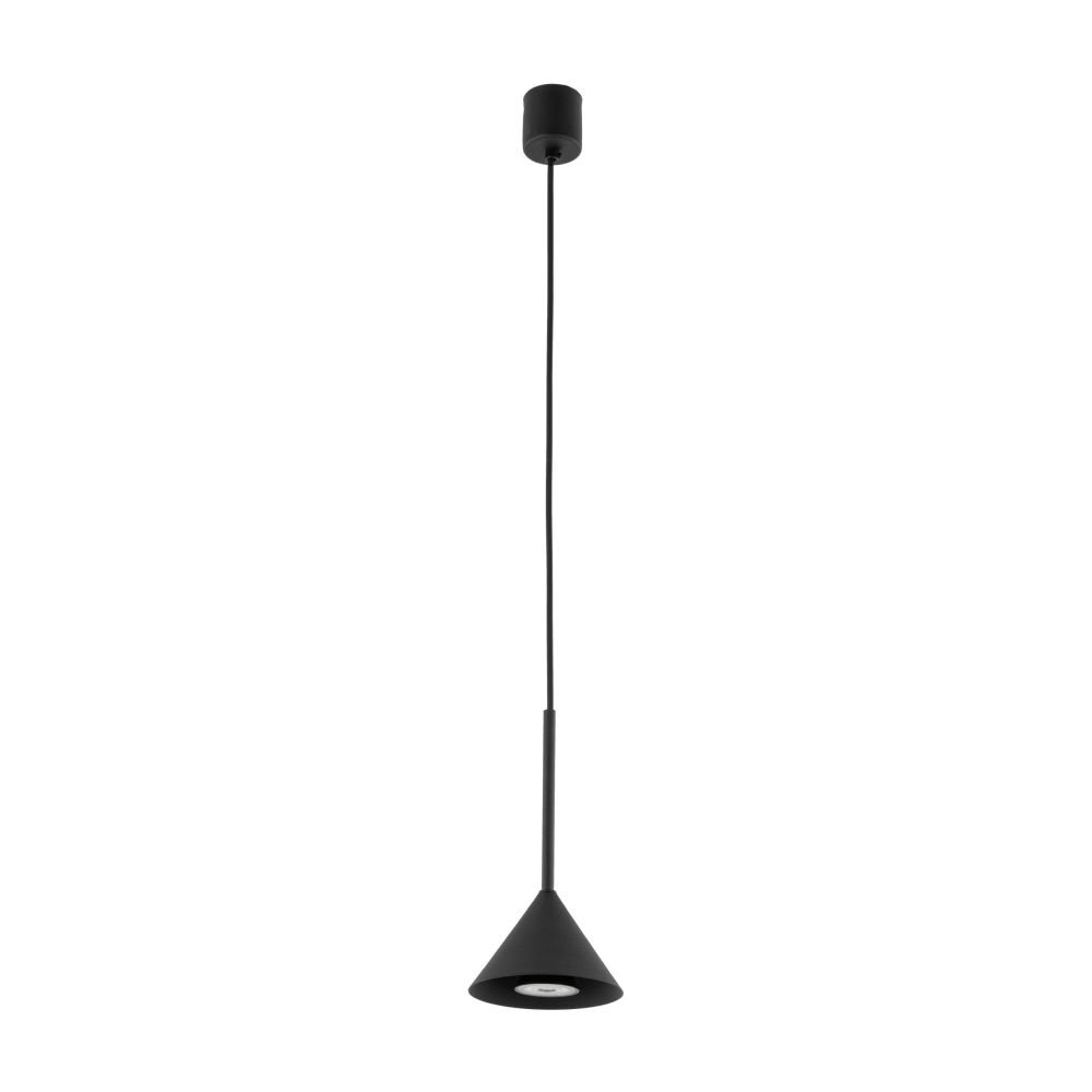 Lampa wisząca w stylu industrialnym z ciemnym, metalowym kloszem i długim przewodem. Klosz ma prosty, elegancki kształt, a całość jest zawieszona na okrągłej podsufitce.