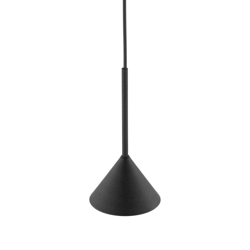 Czarna lampa wisząca o stożkowym kształcie z regulowanym przewodem. Produkt wykonany z metalu, przeznaczony do żarówek GU10.