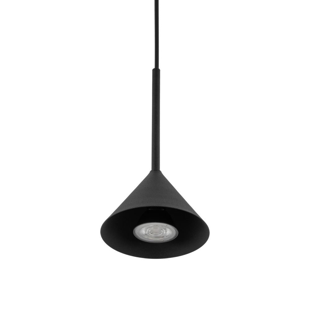 Czarna, stożkowa lampa wisząca z regulowanym przewodem, wyposażona w oprawkę GU10. Lampa ma minimalistyczny design i matowe wykończenie.