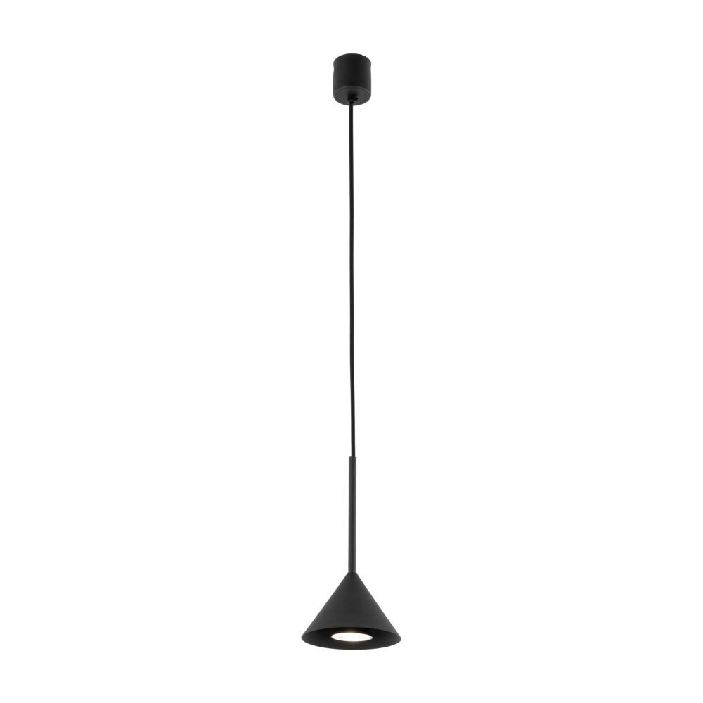 Lampa wisząca w stylu industrialnym z ciemnym, metalowym kloszem i długim przewodem. Klosz ma prosty, elegancki kształt, a całość jest zawieszona na okrągłej podsufitce.