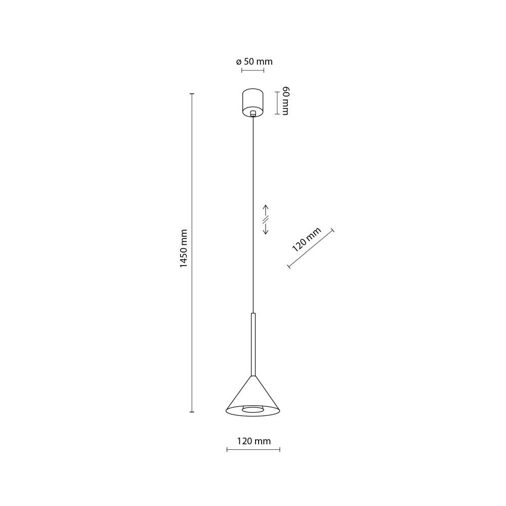 Schematyczny rysunek lampy wiszącej z wymiarami: wysokość całkowita 1450 mm, średnica klosza 120 mm, wysokość klosza 120 mm, średnica podsufitki 50 mm, wysokość podsufitki 60 mm.