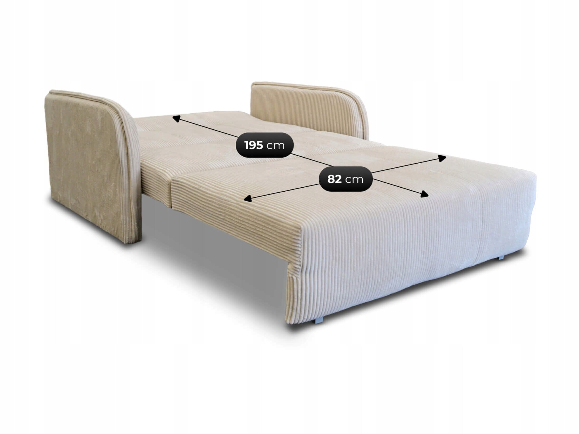 Rozkładana sofa w kremowym kolorze z widocznymi wymiarami: 195 cm długości i 82 cm szerokości.