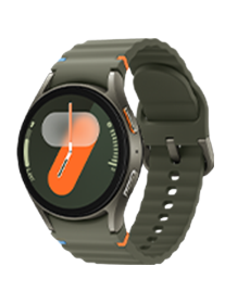Smartwatch z okrągłą tarczą i zielonym paskiem, wyświetlający kolorowy interfejs z dużą cyfrą 7.