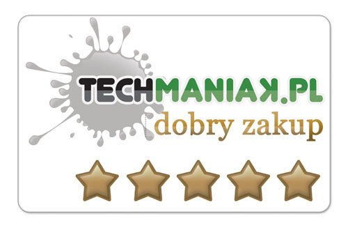 Logo techmaniak-dobry-zakup Logo z napisem \'TECHMANIAK.PL dobry zakup\' oraz pięć złotych gwiazdek poniżej.