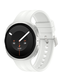 Smartwatch z okrągłym wyświetlaczem i jasnym paskiem, na ekranie widoczna jest tarcza zegara z białymi wskazówkami i pomarańczowym sekundnikiem.