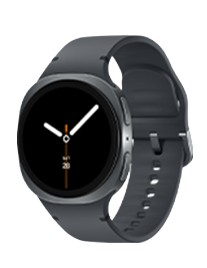 Smartwatch z okrągłą tarczą i ciemnym paskiem, wyświetlający prosty zegar z białymi wskazówkami i pomarańczowym akcentem na czarnym tle.