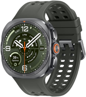 Galaxy Watch Ultra2 Smartwatch z okrągłą tarczą, wyświetlający godzinę 10:09, z zielonym tłem i białymi cyframi. Pasek jest ciemny z perforacjami, a na obudowie widoczny jest pomarańczowy przycisk.