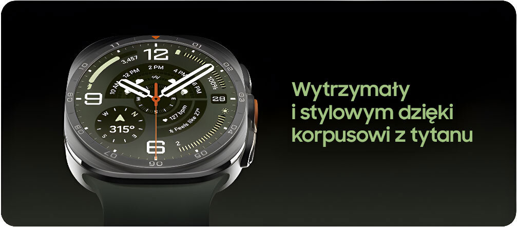 Wytrzymały i stylowy, dzięki tytanowemu korpusowi Smartwatch z okrągłą tarczą, wyświetlający czas i inne informacje na ciemnym tle. Obok znajduje się tekst: \'Wytrzymały i stylowym dzięki korpusowi z tytanu\'.