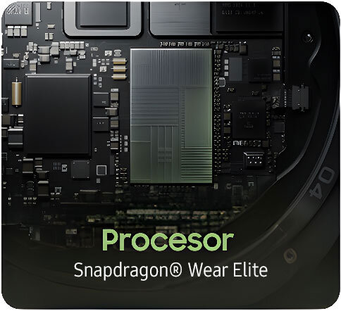 Procesor Snapdragon(R) Wear Elite Obraz przedstawia zbliżenie na wnętrze urządzenia elektronicznego z widocznymi elementami układu scalonego. Na dole widnieje tekst: \'Procesor Snapdragon® Wear Elite\'.