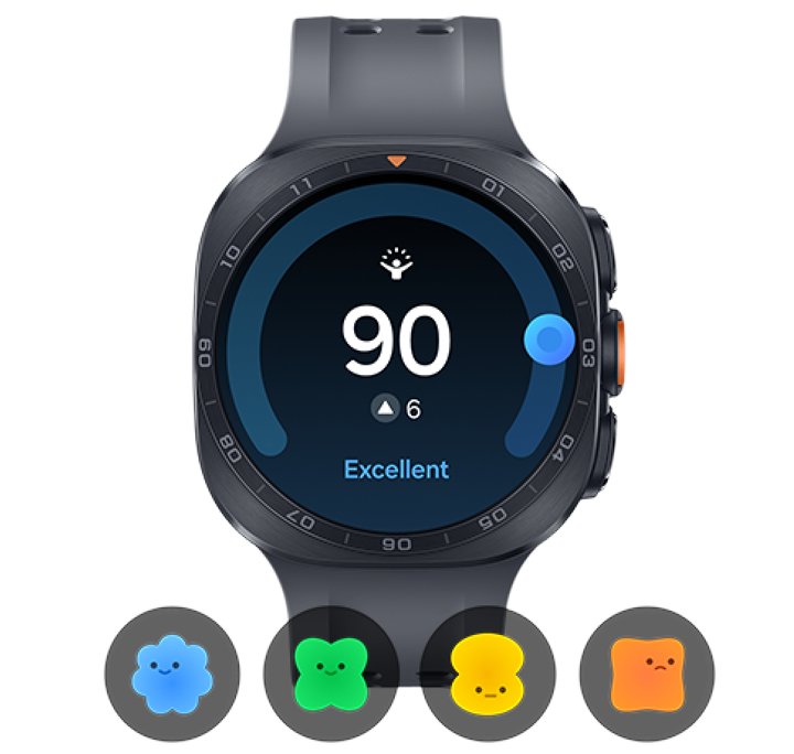 Kolejna tura czy przerwa? Wynik energii Ci to powie Smartwatch z okrągłym wyświetlaczem pokazuje wynik \'90\' z opisem \'Excellent\'. Poniżej znajdują się cztery kolorowe ikony w kształcie kwiatków.