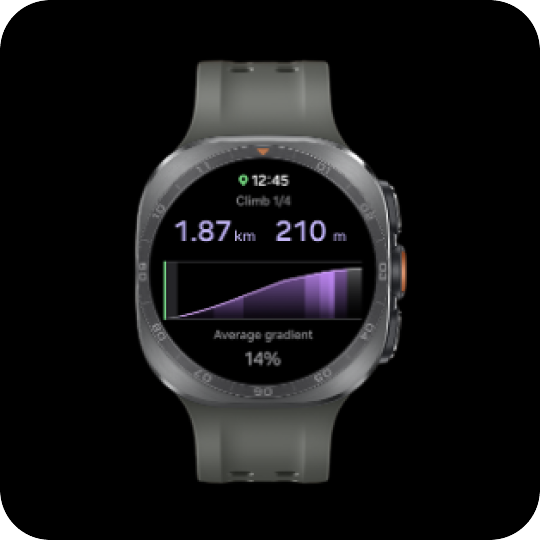 Galaxy Watch Ultra2 – Każde wzgórze, bez zaskoczenia Smartwatch z okrągłym wyświetlaczem pokazuje dane dotyczące wspinaczki: 1.87 km, 210 m, oraz wykres z napisem \'Average gradient 14%\'.