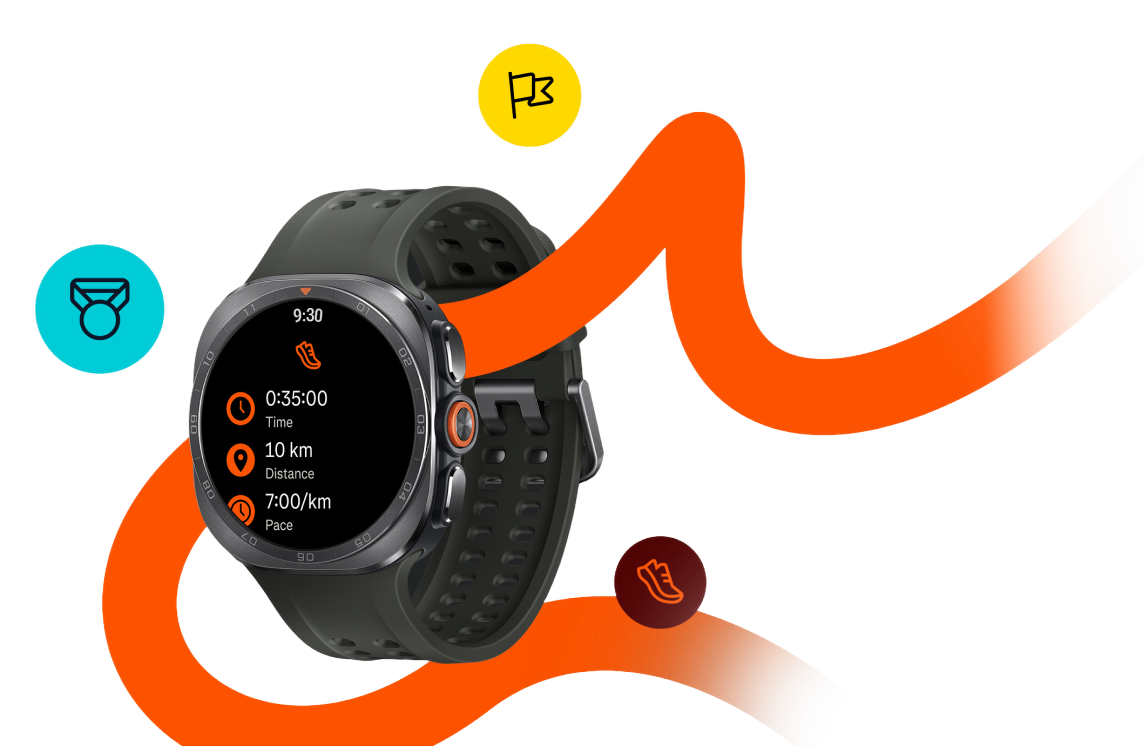 Trenuj lepiej z Strava Smartwatch z okrągłym wyświetlaczem pokazuje czas 9:30, czas trwania 0:35:00, dystans 10 km i tempo 7:00/km. W tle widoczne są kolorowe ikony i pomarańczowa linia falista.