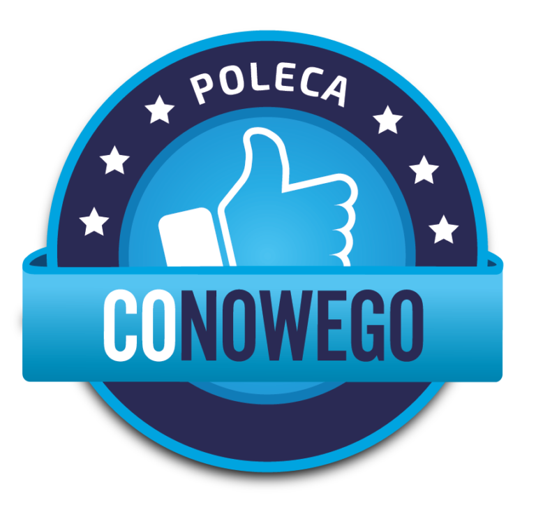 Logo Poleca Co Nowego Niebieska odznaka z białym kciukiem uniesionym do góry, otoczona gwiazdami. Na odznace widnieje tekst: \'POLECA CONOWEGO\'.