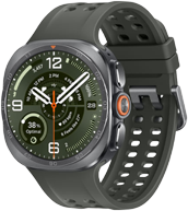 Smartwatch z okrągłą tarczą, wyświetlający godzinę 10:09, z zielonym tłem i białymi cyframi. Pasek jest ciemny z perforacjami, a na obudowie widoczny jest pomarańczowy przycisk.