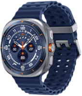 Smartwatch z okrągłą tarczą, ciemnym wyświetlaczem i pomarańczowymi wskazówkami, z metalową kopertą i ciemnym, perforowanym paskiem.