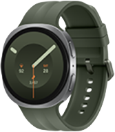 Smartwatch z okrągłą tarczą i zielonym paskiem, wyświetlający godzinę 10:10 oraz datę 28.