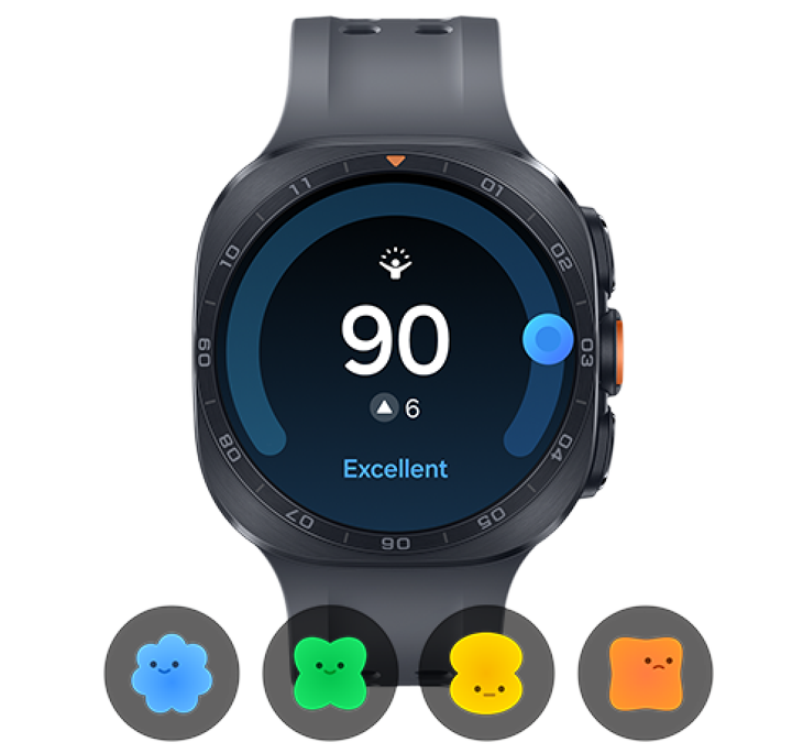 Kolejna tura czy przerwa? Wynik energii Ci to powie Smartwatch z okrągłym wyświetlaczem pokazuje wynik \'90\' z opisem \'Excellent\'. Poniżej znajdują się cztery kolorowe ikony w kształcie kwiatków.