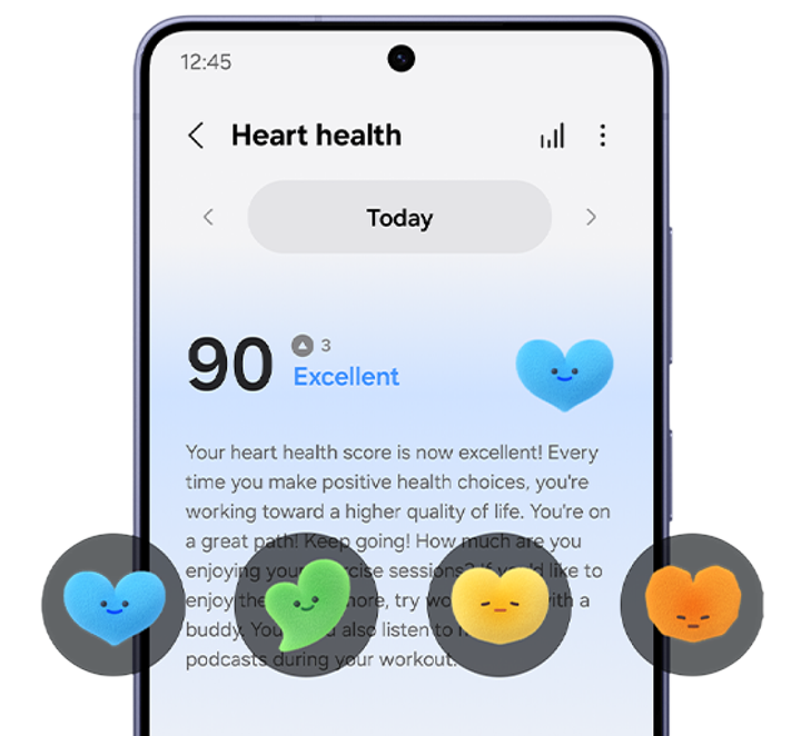 Praktyka czyni wspaniałe poranki Ekran urządzenia wyświetla aplikację \'Heart health\' z wynikiem 90 i oceną \'Excellent\'. W tle widoczne są kolorowe emotikony w kształcie serc.