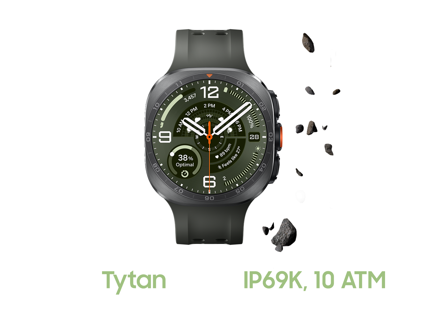 Od piaszczystych szlaków po ciemne głębiny Smartwatch z okrągłą tarczą i czarnym paskiem, wyświetla czas oraz różne wskaźniki. Na dole widoczny tekst: \'Materiał Tytan\' oraz \'Klasa odporności IP69K, 10 ATM\'.