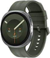 Galaxy Watch9 Smartwatch z okrągłą tarczą i zielonym paskiem, wyświetlający godzinę 10:10 oraz datę 28.