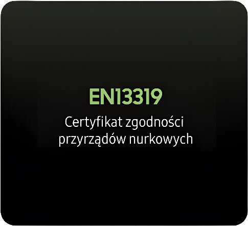 EN13319 – Certyfikat zgodności przyrządów nurkowych Na czarnym tle znajduje się tekst: \'EN13319 Certyfikat zgodności przyrządów nurkowych\'.