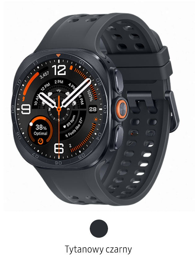 Galaxy Wach Ultra2 Tytanowy czarny Smartwatch z okrągłą tarczą, czarnym paskiem i wyświetlaczem pokazującym czas oraz różne wskaźniki. Pod obrazem znajduje się tekst \'Tytanowy czarny\'.