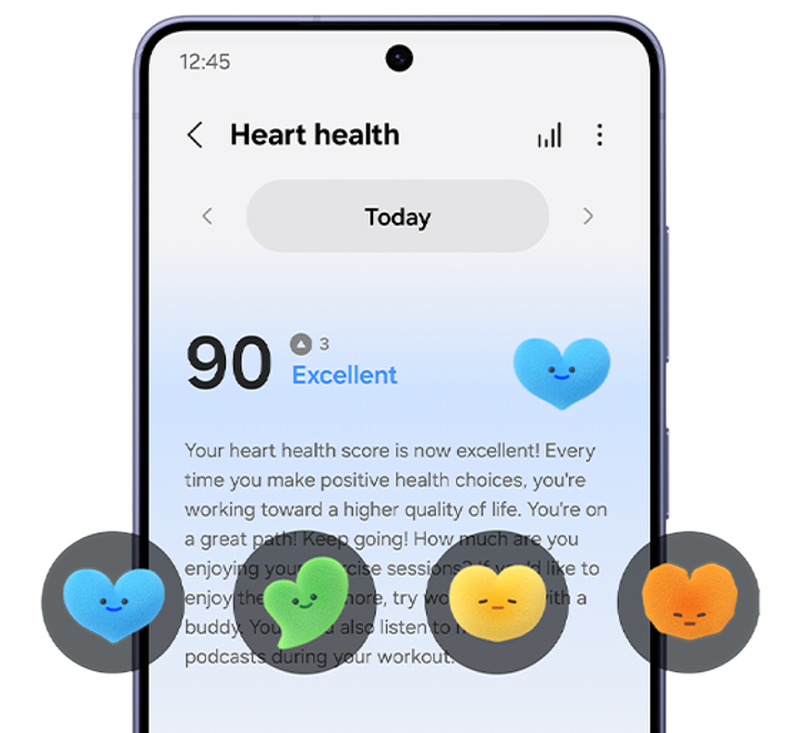 Praktyka czyni wspaniałe poranki Ekran urządzenia wyświetla aplikację \'Heart health\' z wynikiem 90 i oceną \'Excellent\'. W tle widoczne są kolorowe emotikony w kształcie serc.